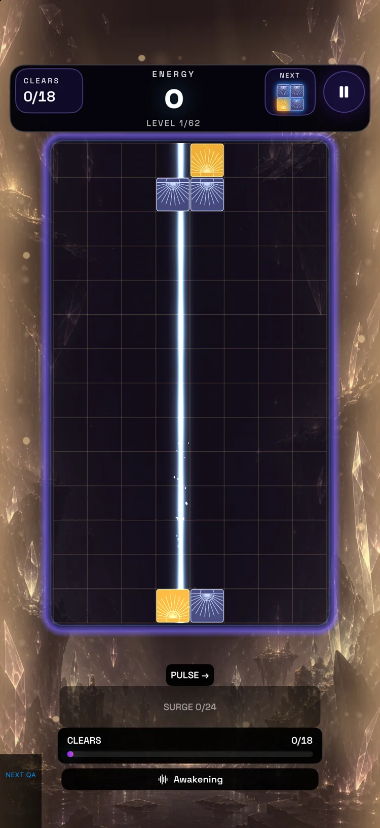 Actual Prism Shift gameplay: amber and lavender crystals with the glowing Pulse Line sweeping across a crystal world.